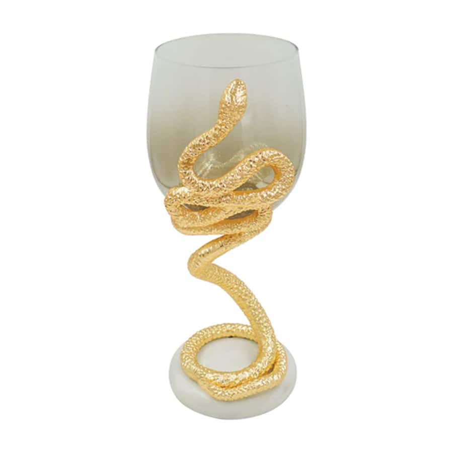 Pillar Candle Holder (Small) Serpent Gold Finished Aluminum With Gradient White And Brown Luster Glass, 18Mm White Marble Base
