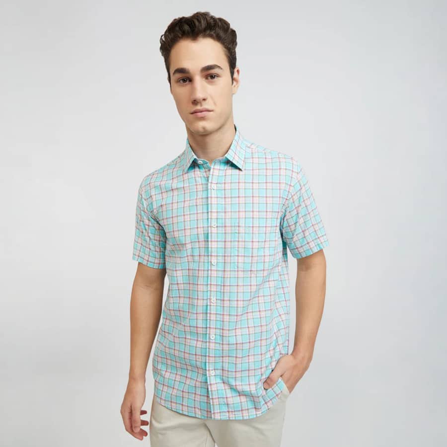 Colorplus Men Blue Tailored Fit Checks Casual Shirt
