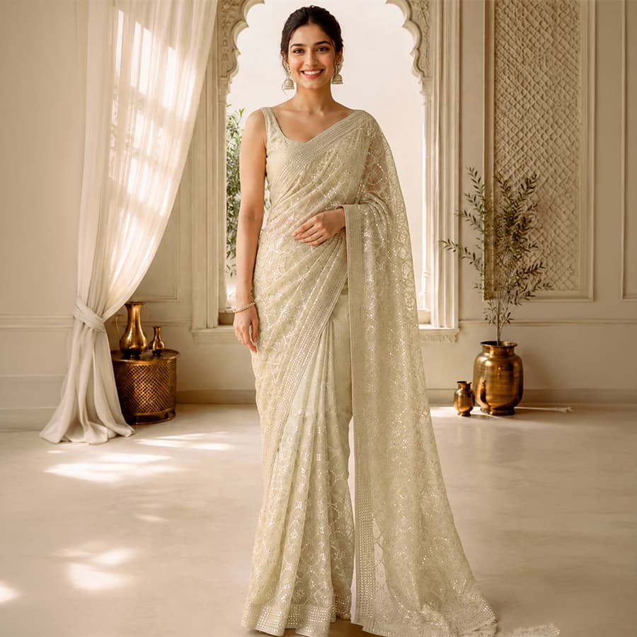 Champagne Gold Embroidered Saree