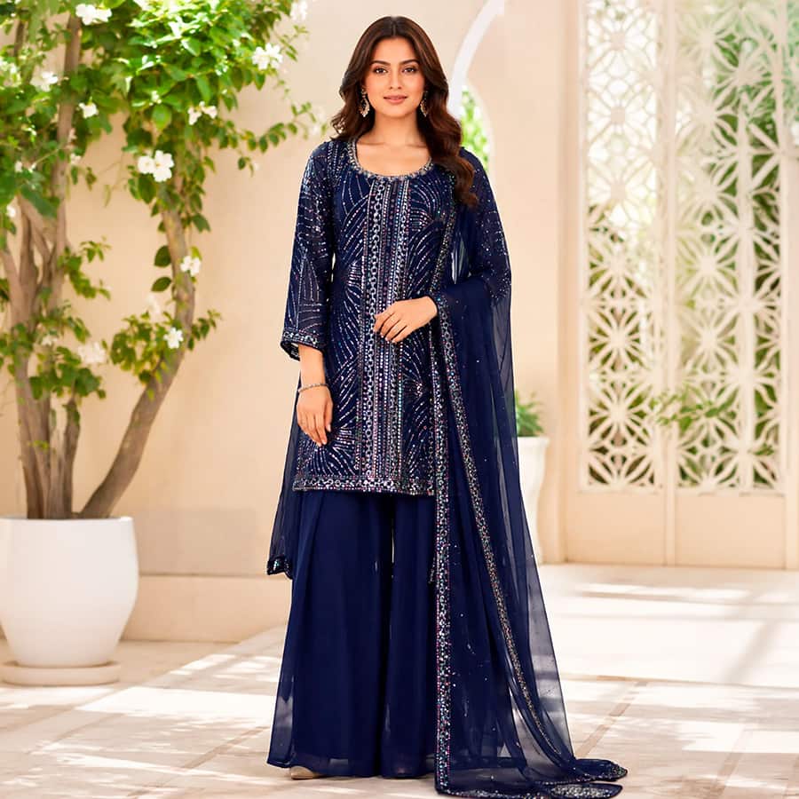 Navy Georgette Ready Made Suit with Elegant Sequence Work