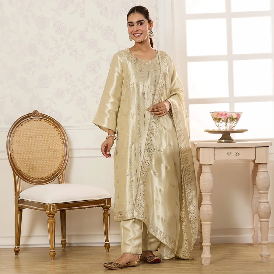 Cream Shisha Silk Work Unstitched Suit Material
