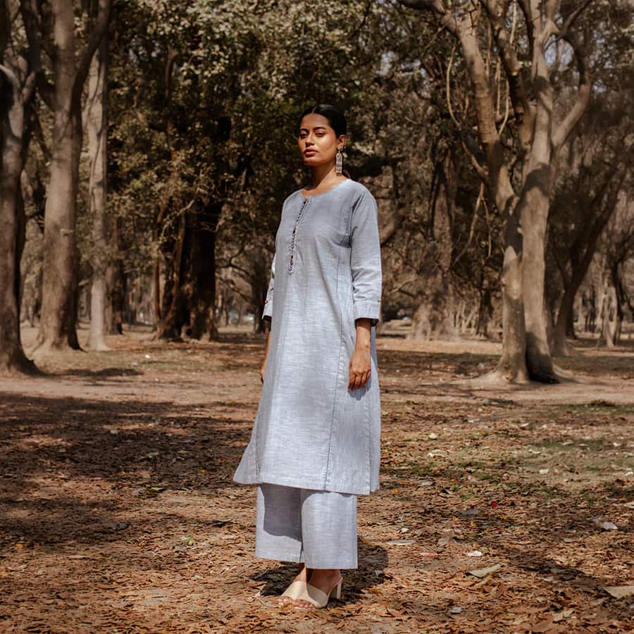 Blue Striped Hand Embroidered Cotton Three Panel Kurta Set (set of 2)