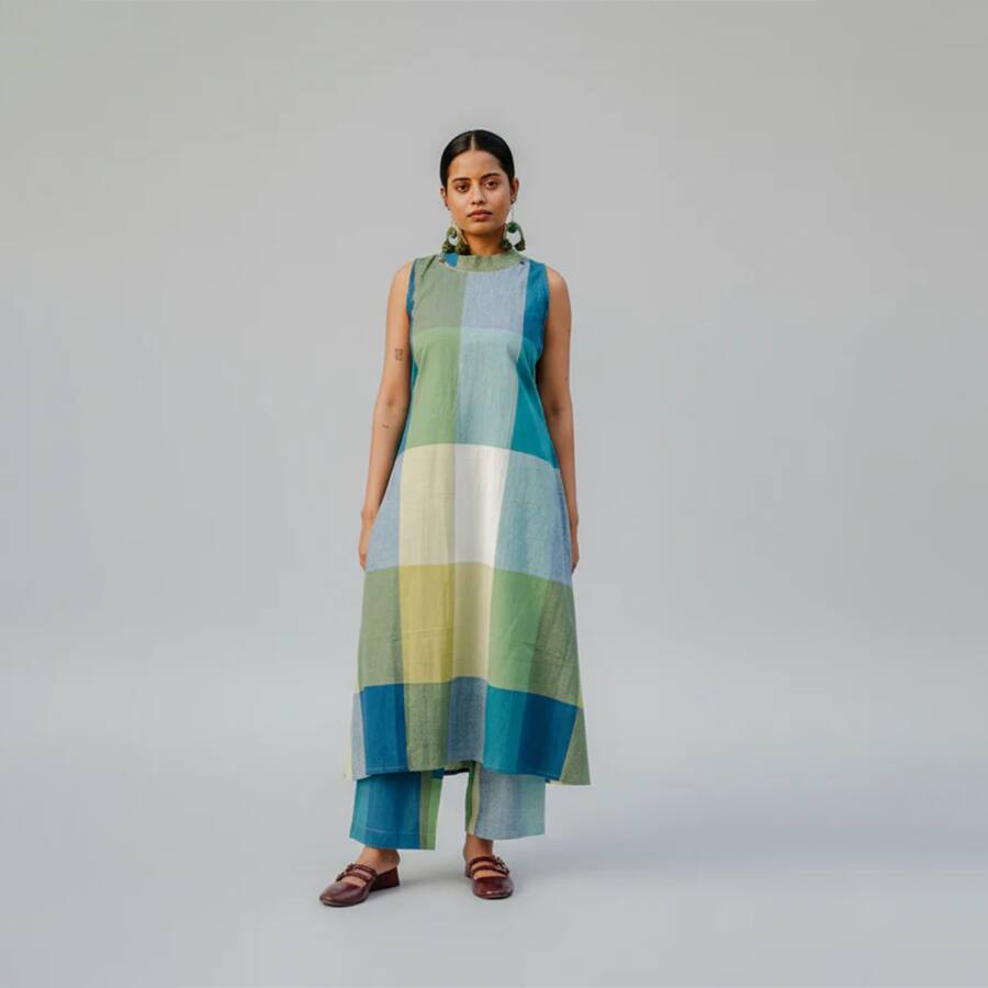 Lime Checks Handloom Cotton Halter Neck Kurta Set (set of 2)