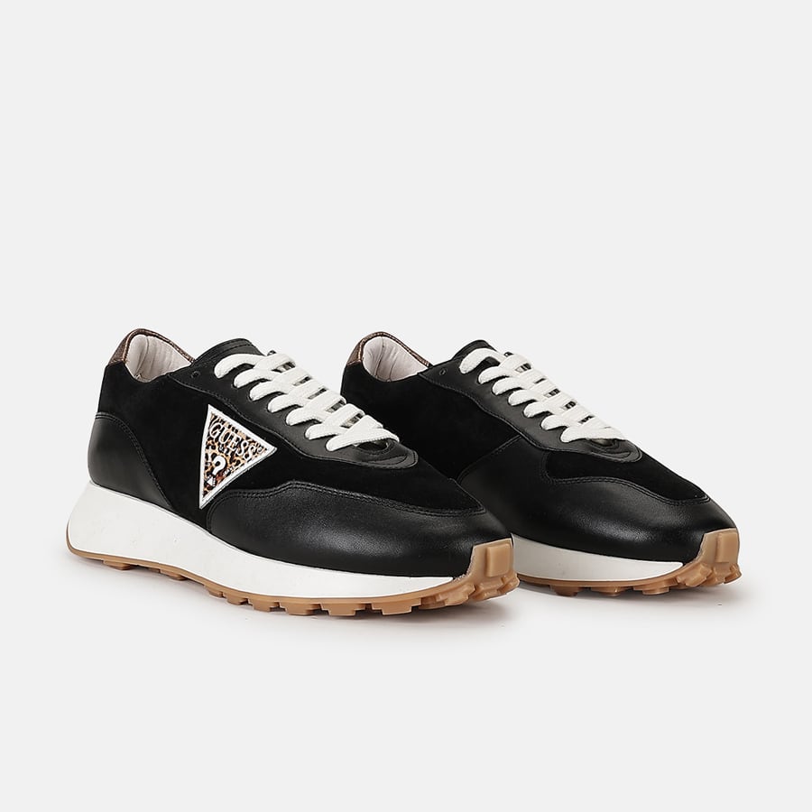 Women Black Leather Lace-Up Sneakers
