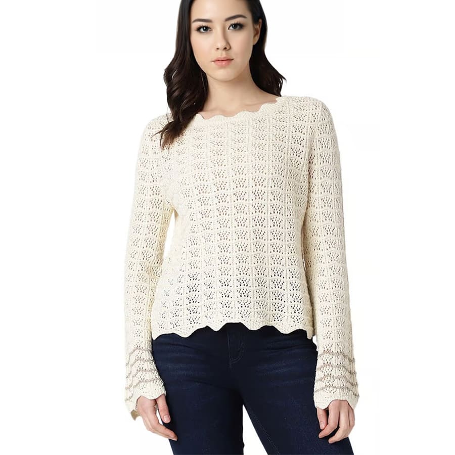 White Self Design Round Neck Top