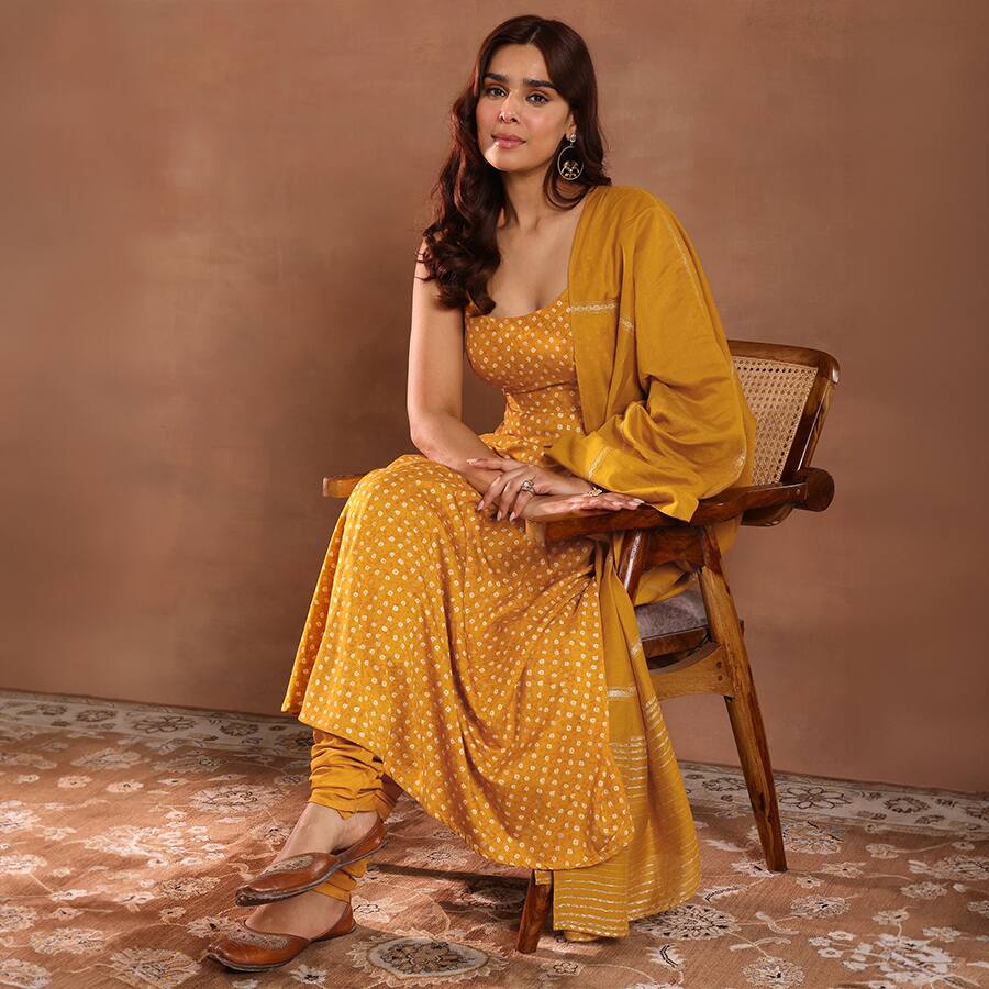 Mustard Printed Rayon Anarkali Suit With Dupatta