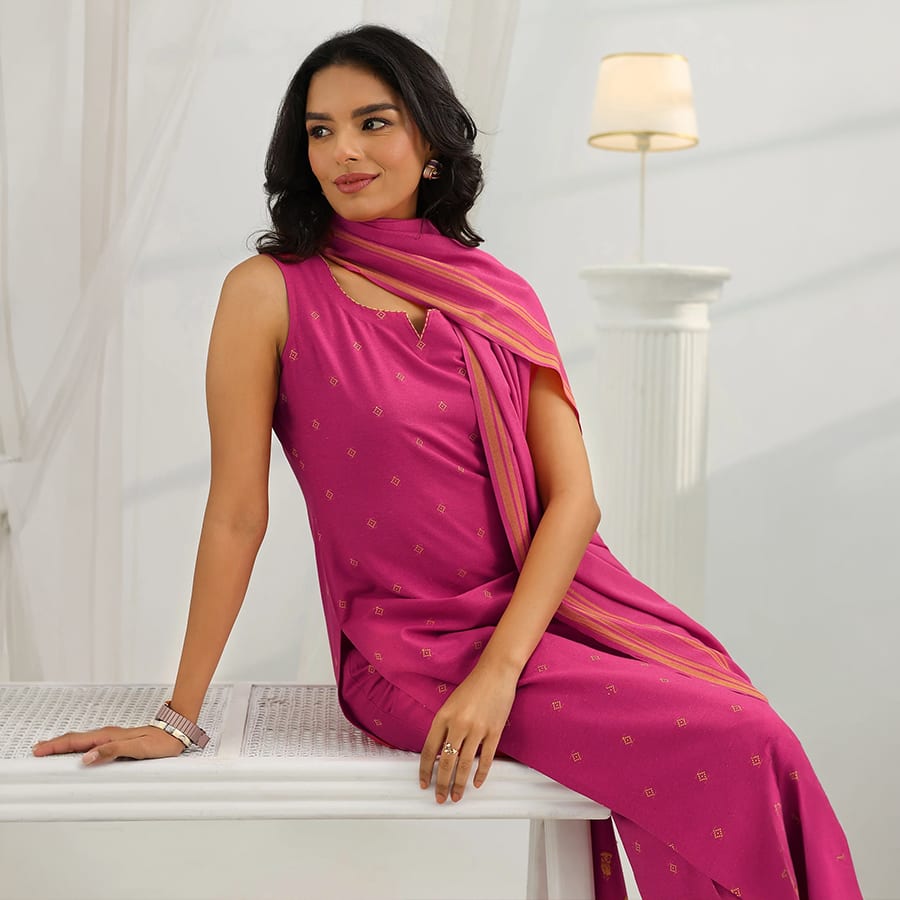 Pink Woven Design Cotton Blend Straight Suit Set With Dupatta