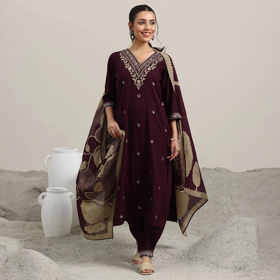 Burgundy Embroidered Rayon Straight Suit With Dupatta