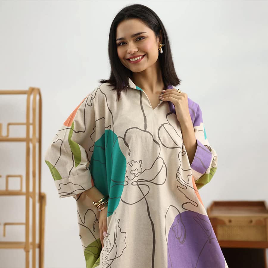 Off White Printed Cotton Straight Short Kurti