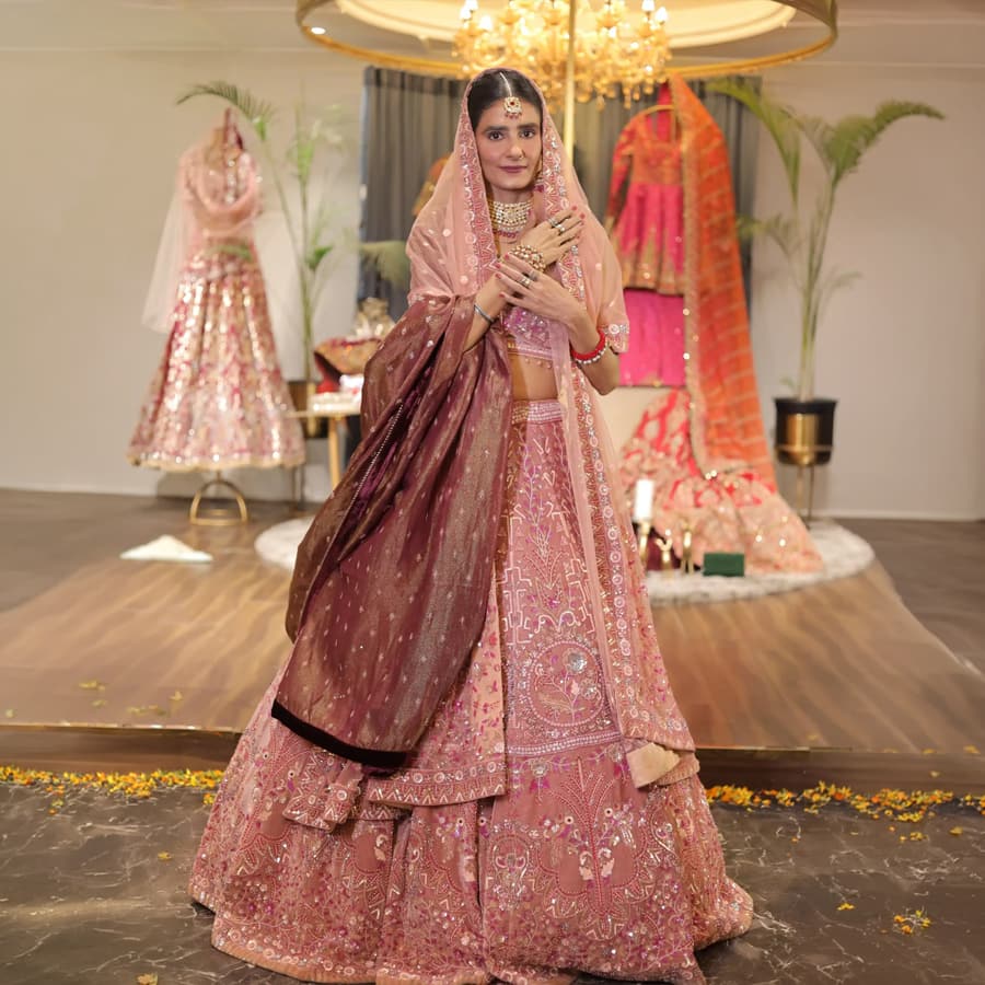 Blush Bridal Velvet Lehenga with Patra Work & Dual Dupatta Elegance