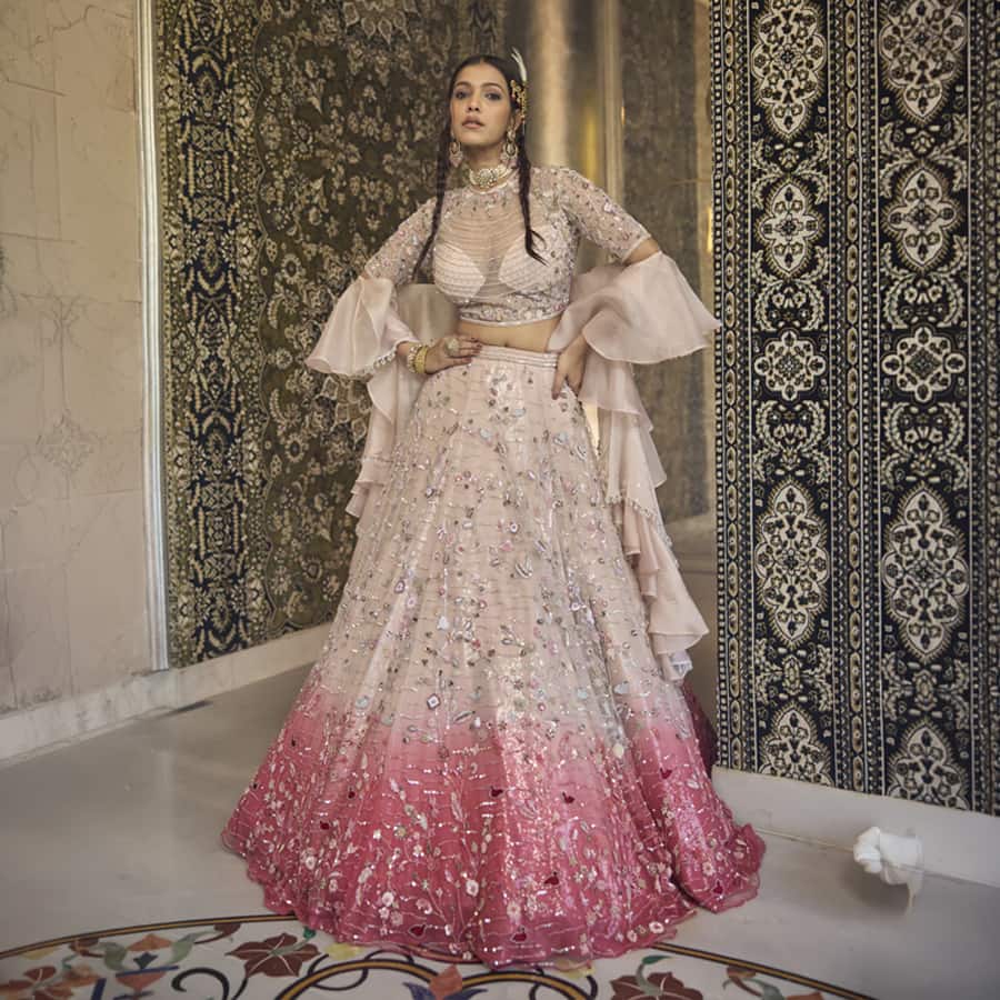 Mesmerizing Pink Ombre Net Lehenga with Swarovski & Sequin Magic