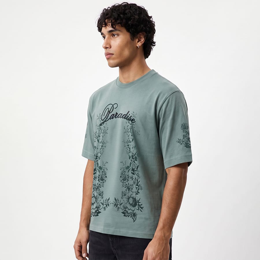 Men's Green Paradise Graphic Printed Oversized T-shirt