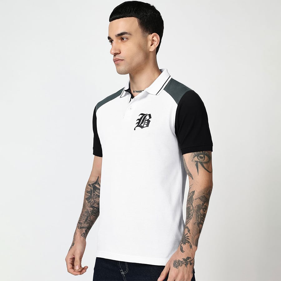 Men's Bright White & Black Color Block Polo T-shirt