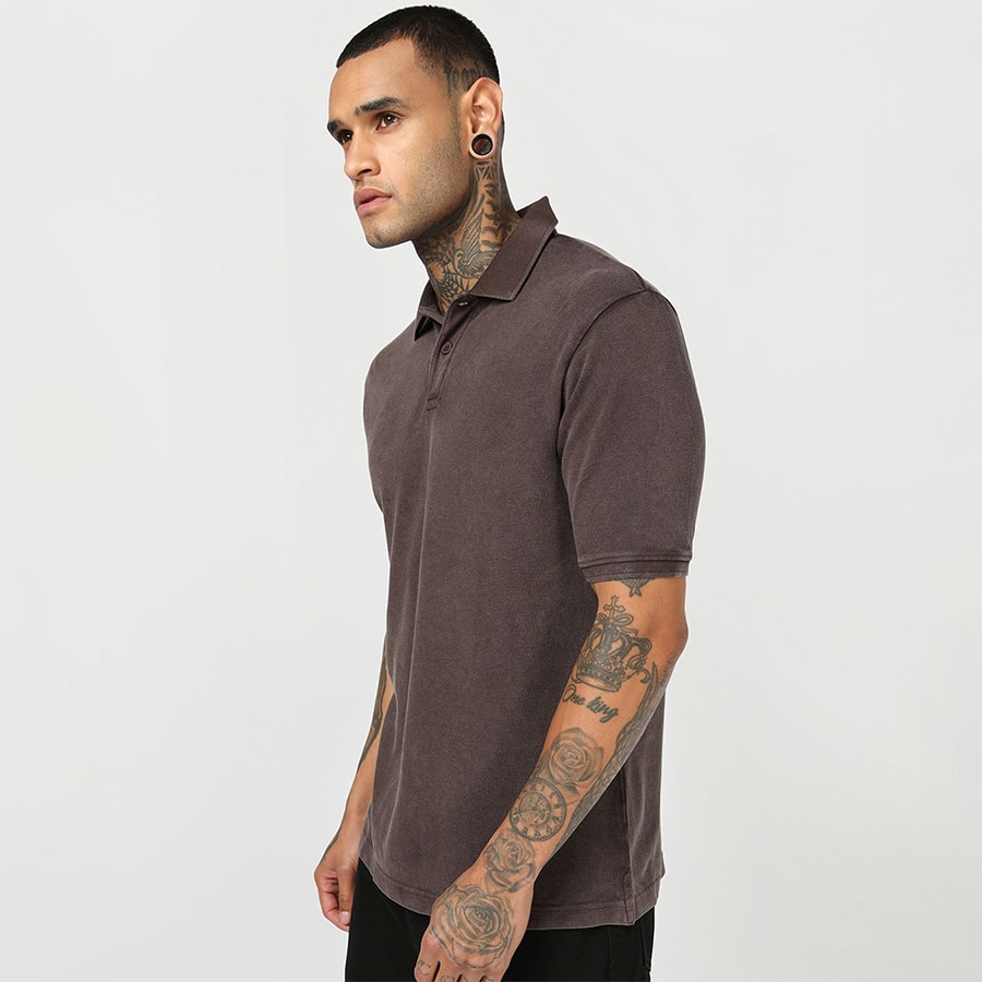 Men's Chocolate Brown Acid Wash Polo T-shirt