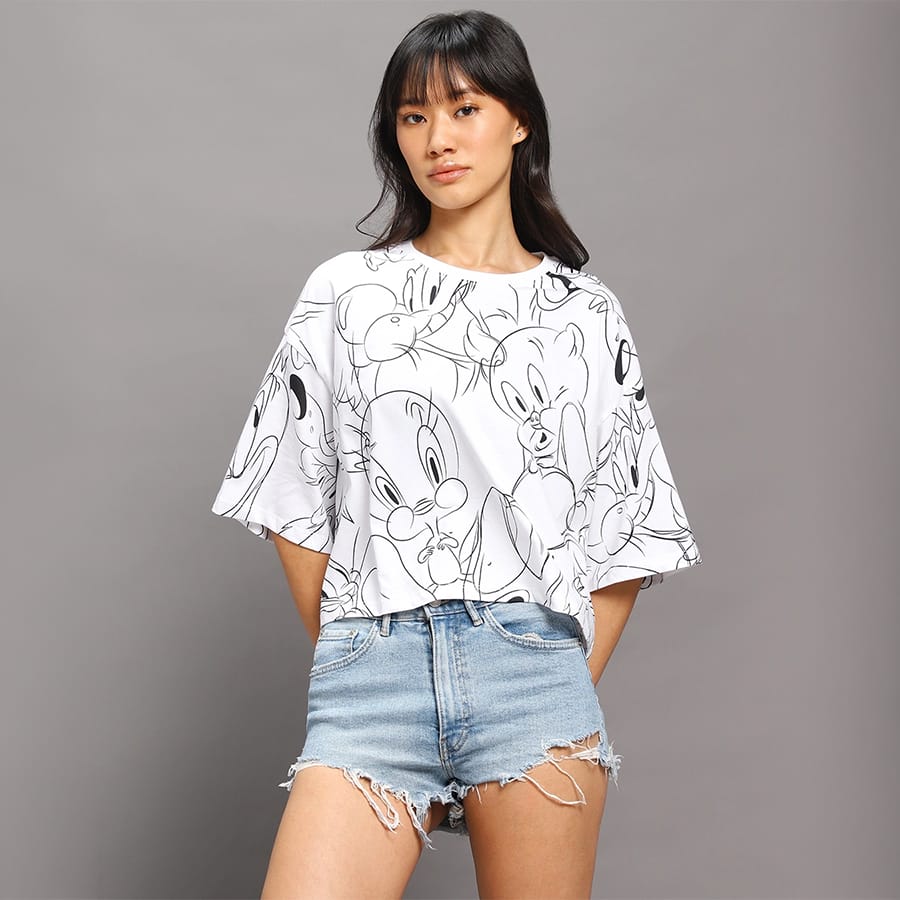Women's White All Over Tweety Printed Oversized Short Top