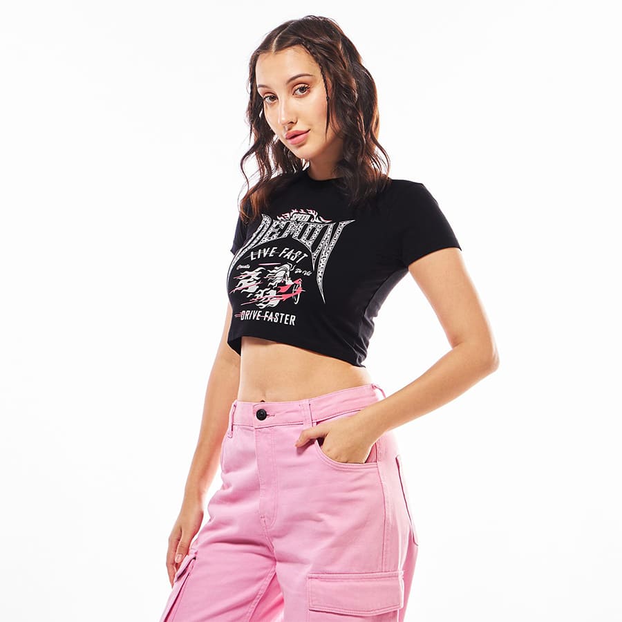 Women's Black Graphic Printed Slim Fit Short Top