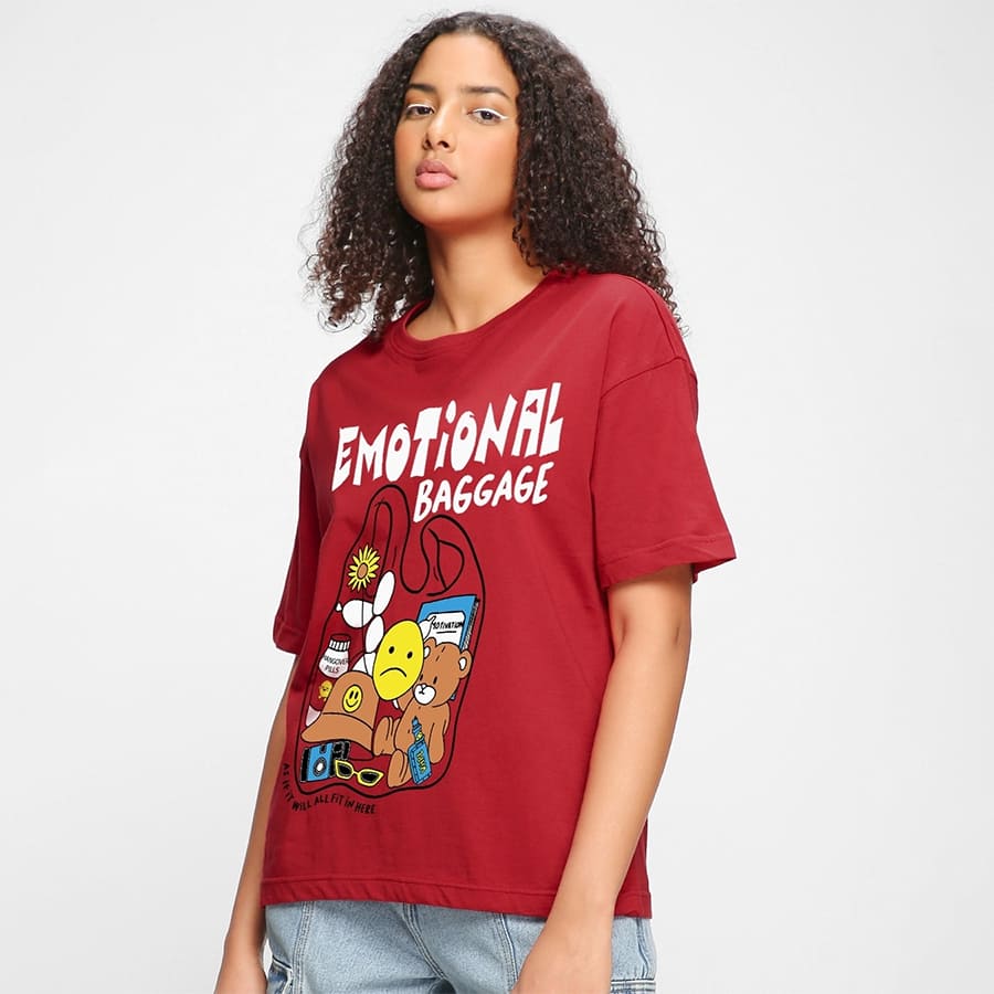Women's Red Emotional Baggage Graphic Printed Oversized T-shirt