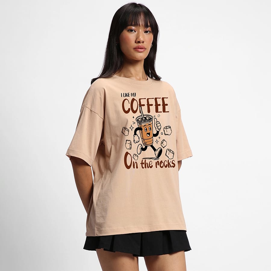 Women's Ginger Root Brown Coffee On The Rocks Graphic Printed Oversized T-shirt