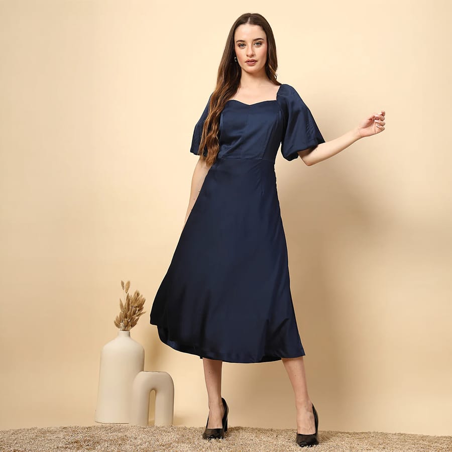 Solid Navy Dress With Flared Design