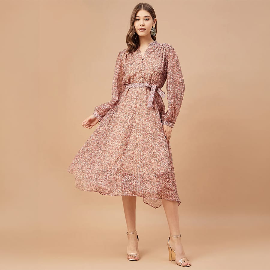 Gipsy Women Beige Print Chiffon Bishop Sleeve V Neck Dress