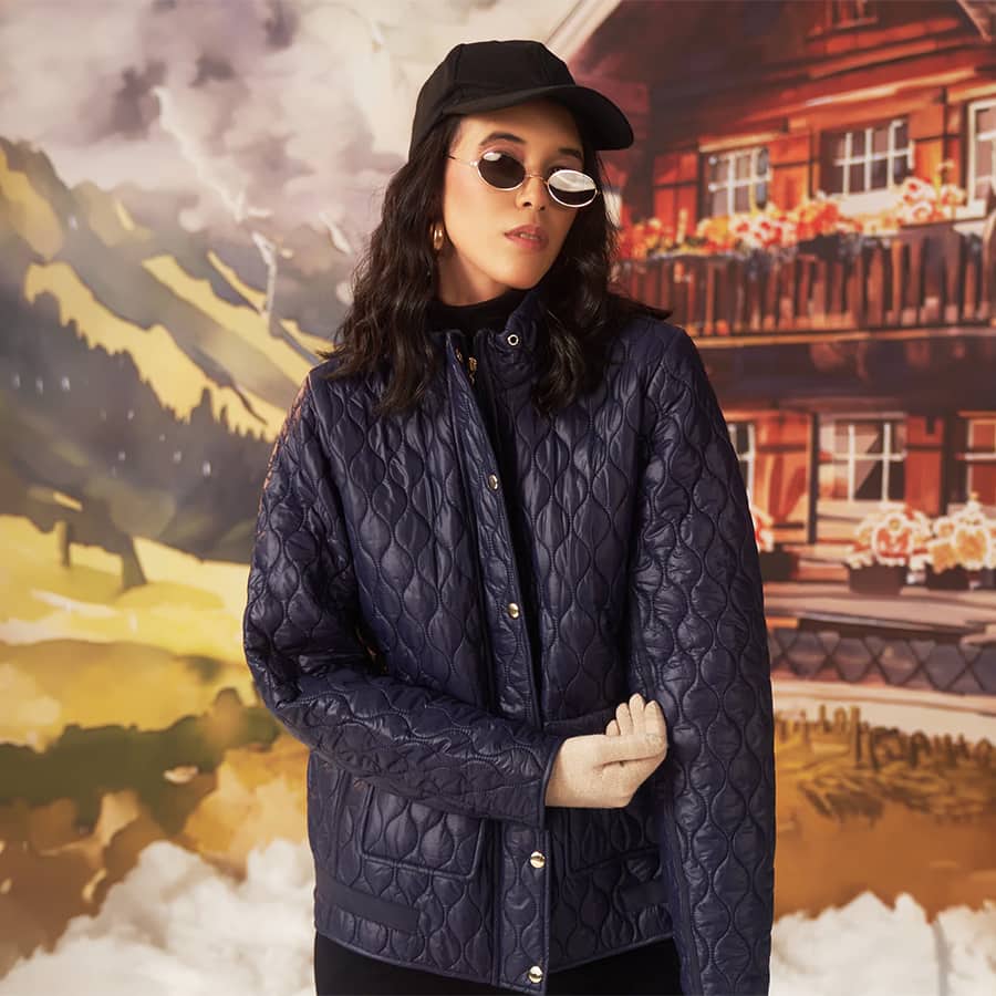Akira Navy Blue Monochrome Short Jacket for Women