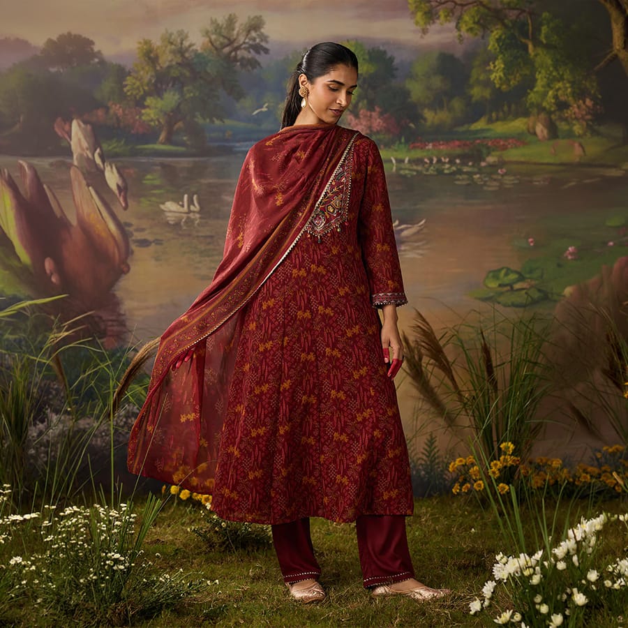 Roohi Rust Floral Printed Chiffon Anarkali Suit Set with Dupatta