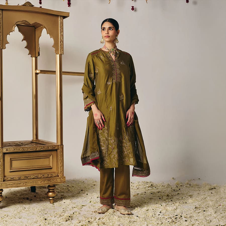 Reya Olive Green Chanderi Embroidered Suit Set with Dupatta