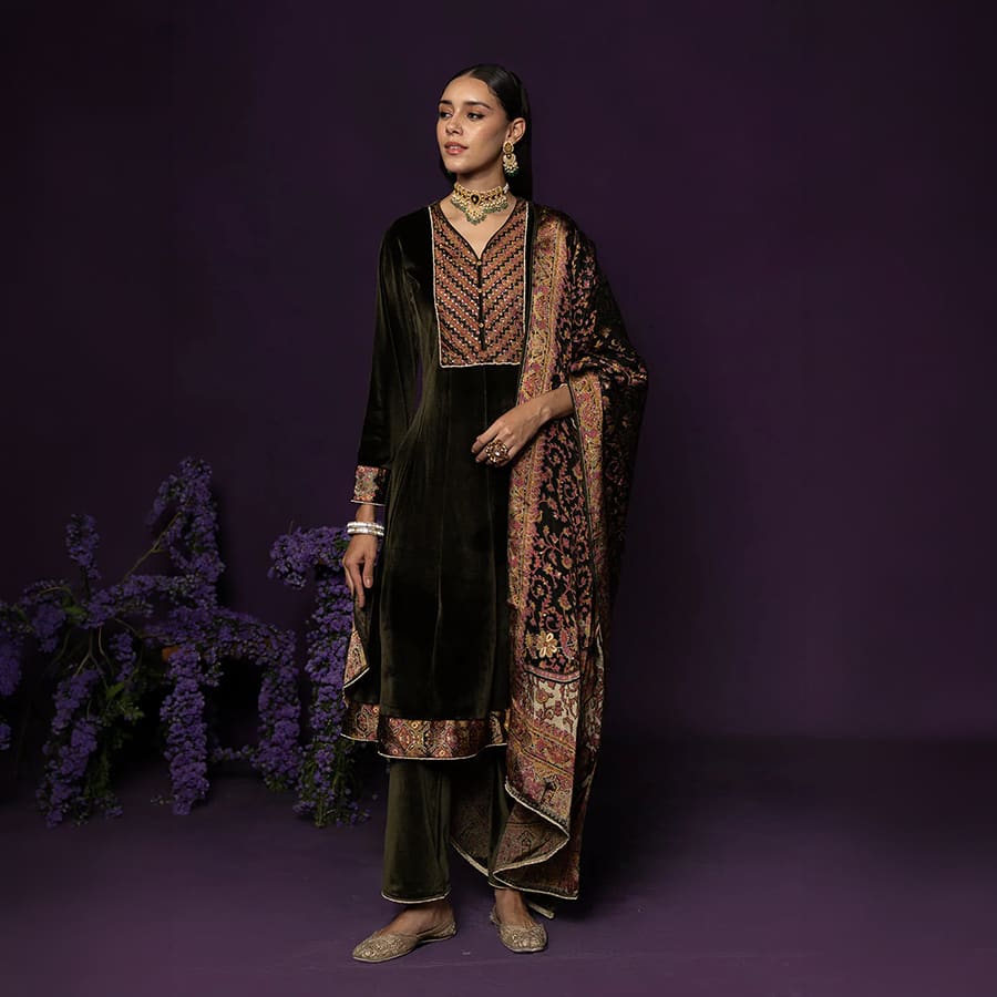 Vedhi Olive Green Embroidered Velvet Suit Set with Brasso Dupatta
