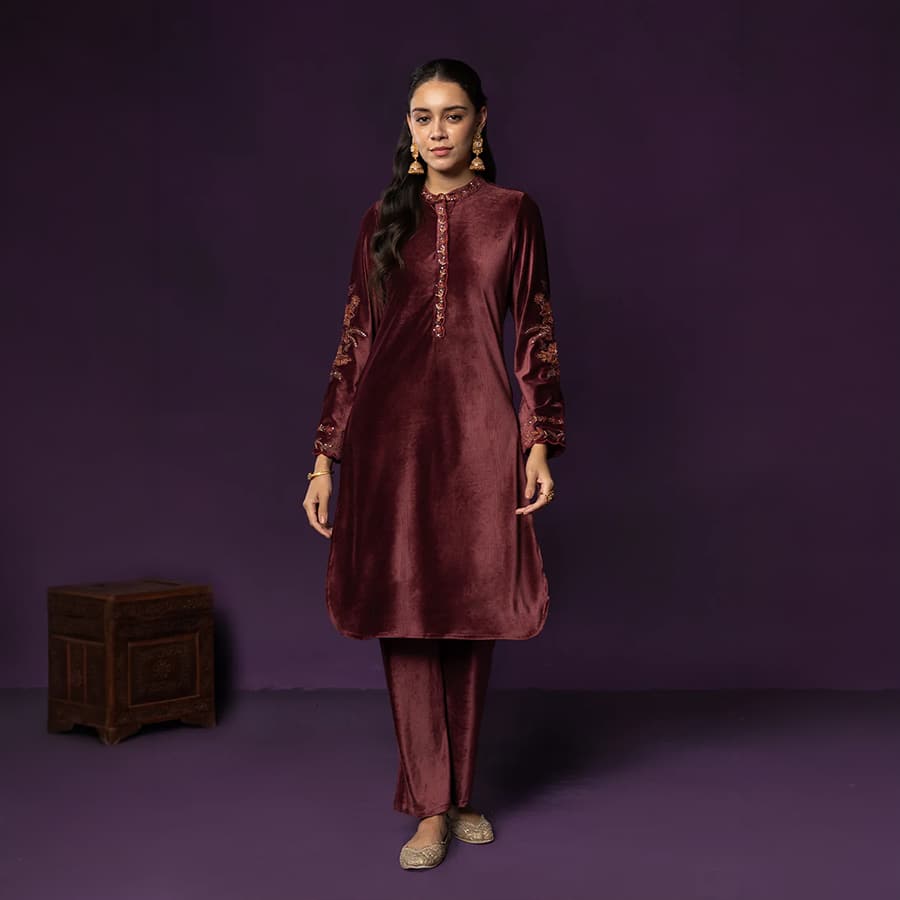 Iravya Maroon Embroidered Velvet Co-ord Set