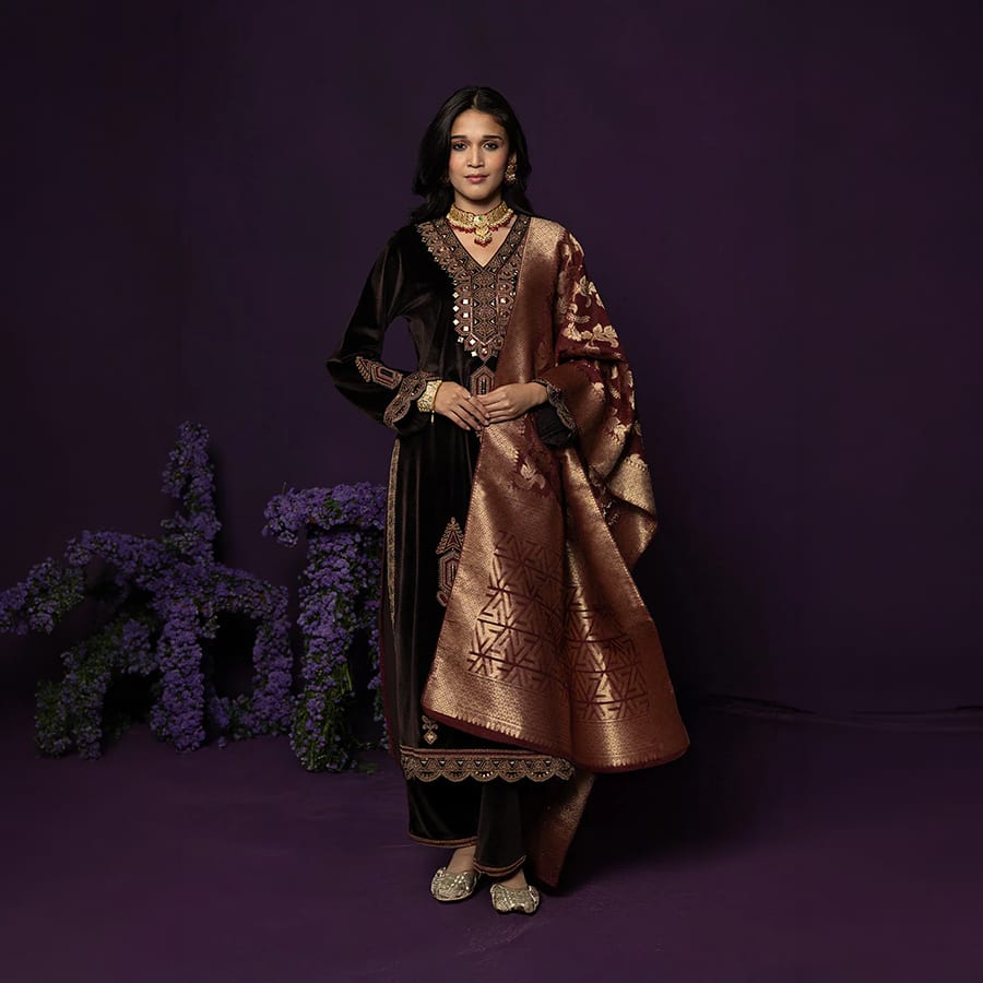 Koel Brown Embroidered Velvet Suit Set with Banarasi Dupatta