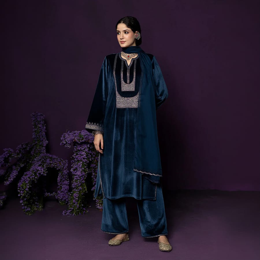 Fareen Teal Embroidered Velvet Suit Set with Dupatta