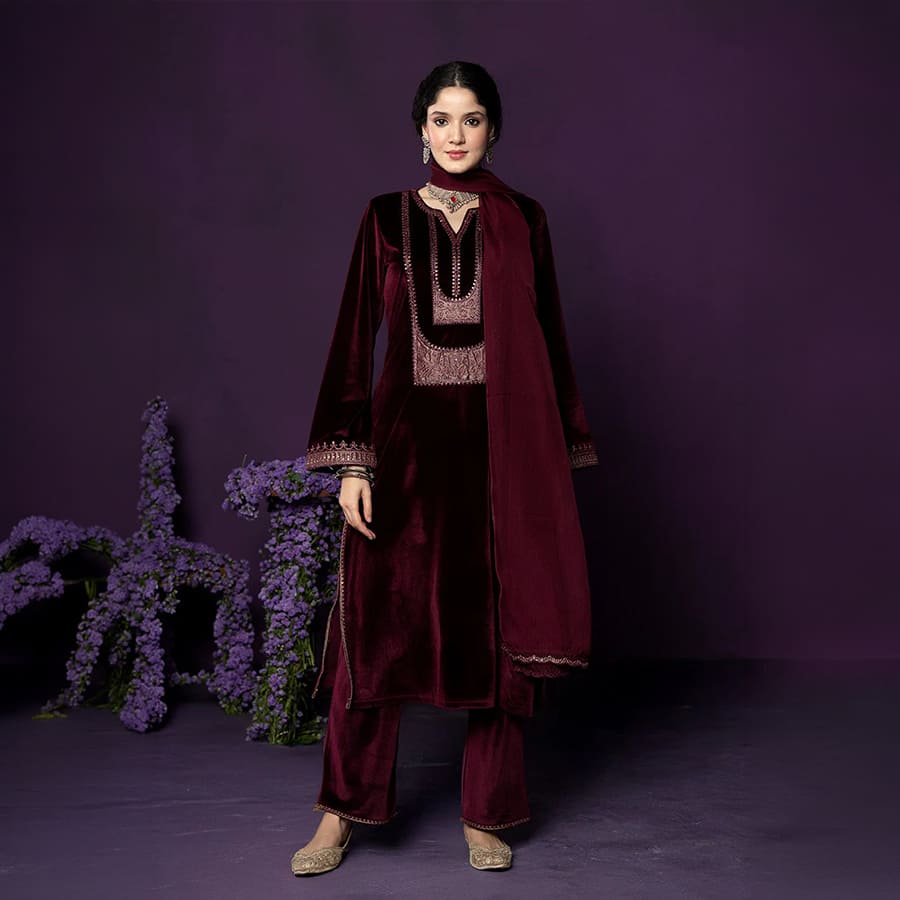 Fareen Maroon Embroidered Velvet Suit Set with Dupatta