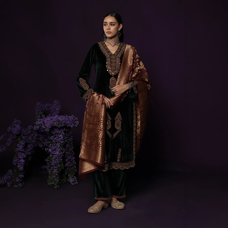 Koel Green Embroidered Velvet Suit Set with Banarasi Dupatta