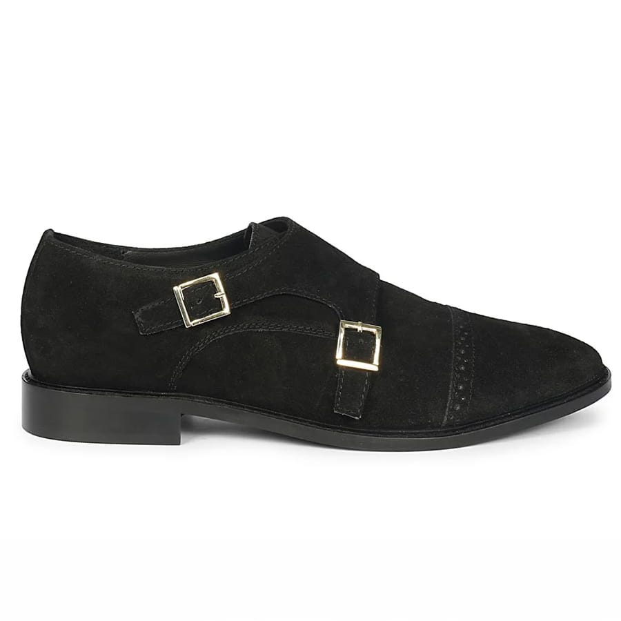 Mathis Black Suede Leather Double Buckle Monk Shoes