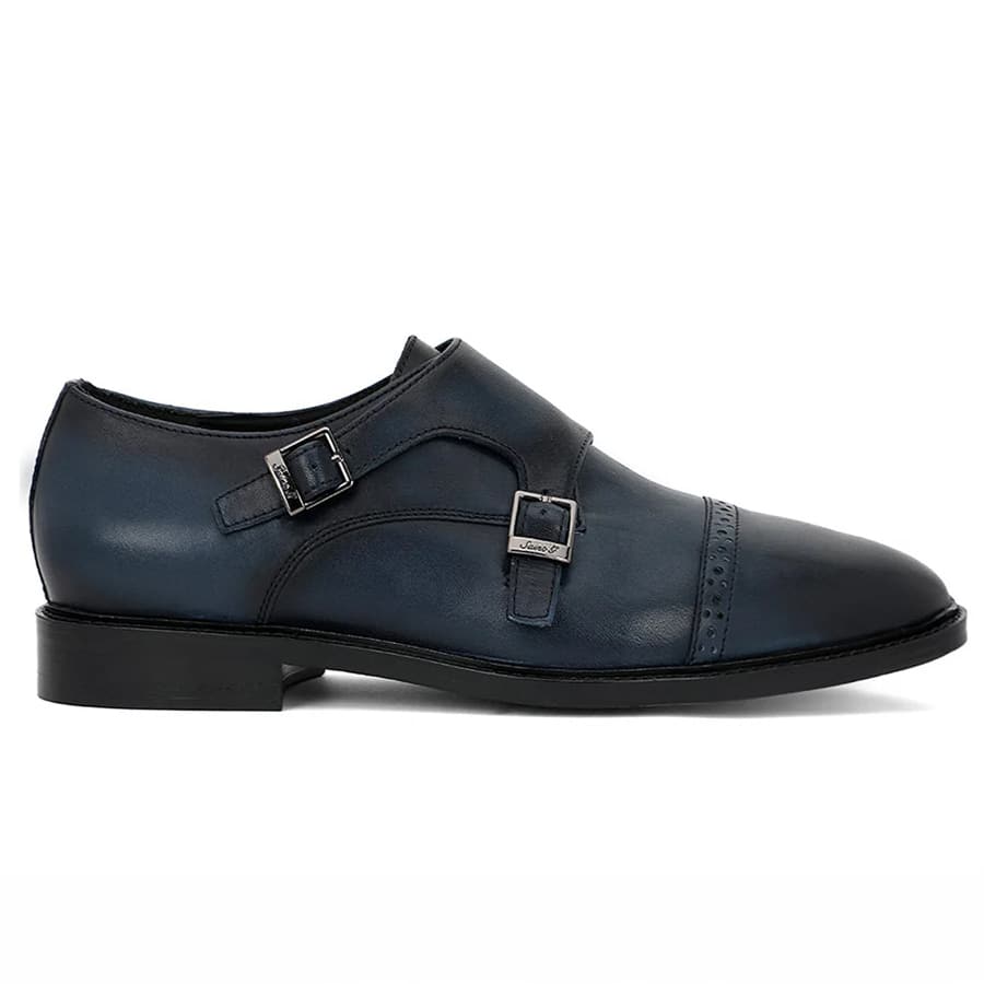 Perctarit Blue Leather Double Buckle Monk Brogue Shoes