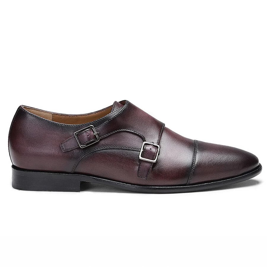 Alboin Two Color Toned Red Leather Double Buckled Monk Strap Shoes