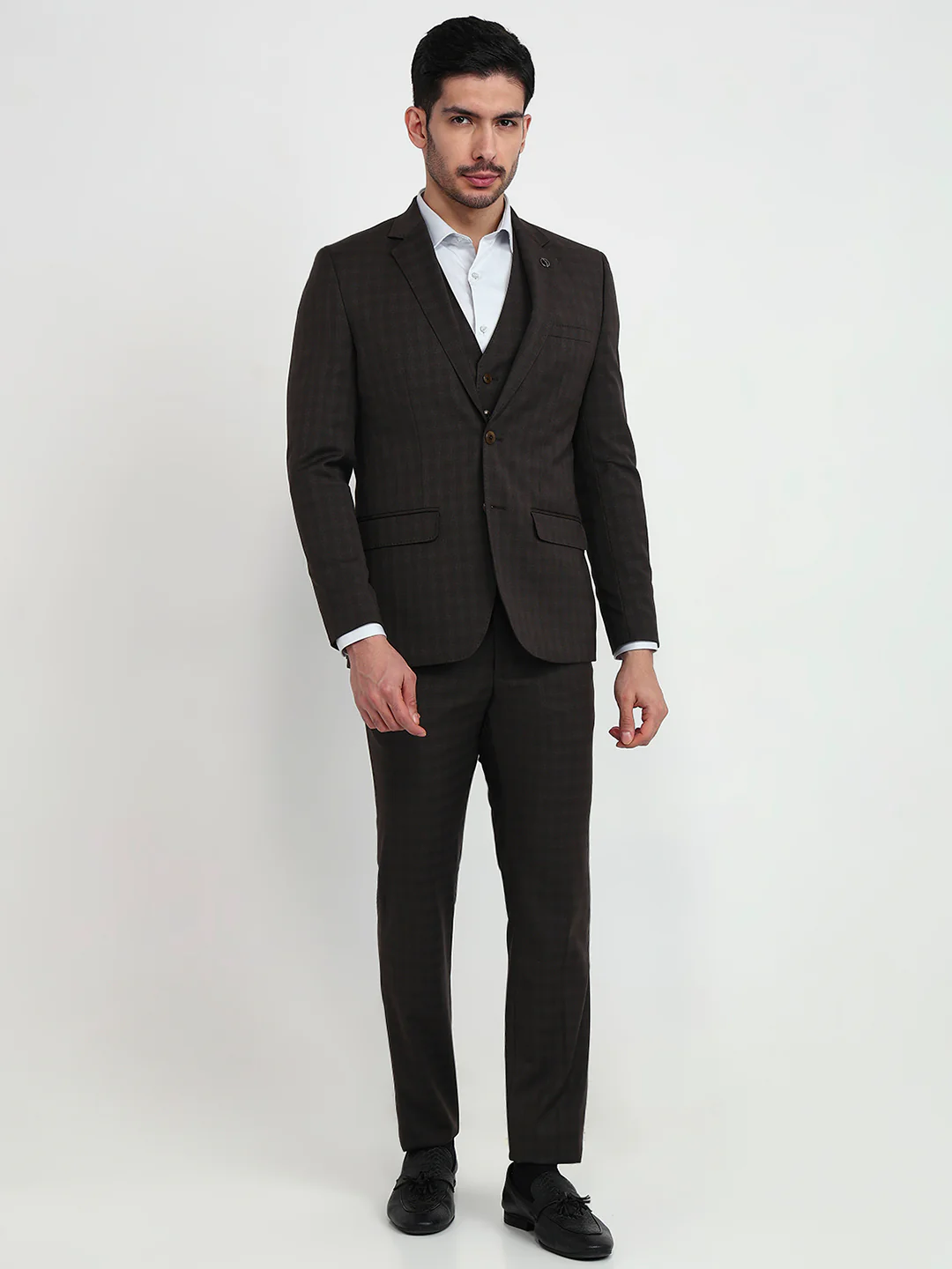 Park Avenue Men Brown Slim Fit Solid Formal Suit