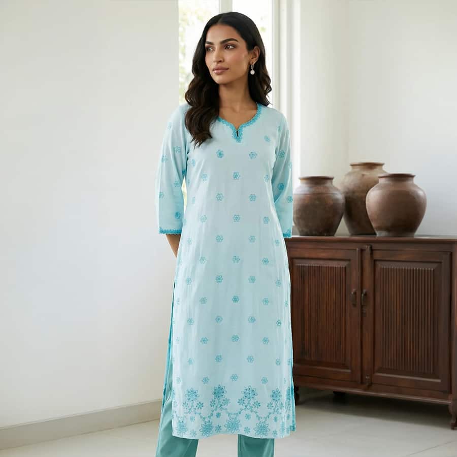 Light Blue Thread Embroidered Rayon Straight Kurta