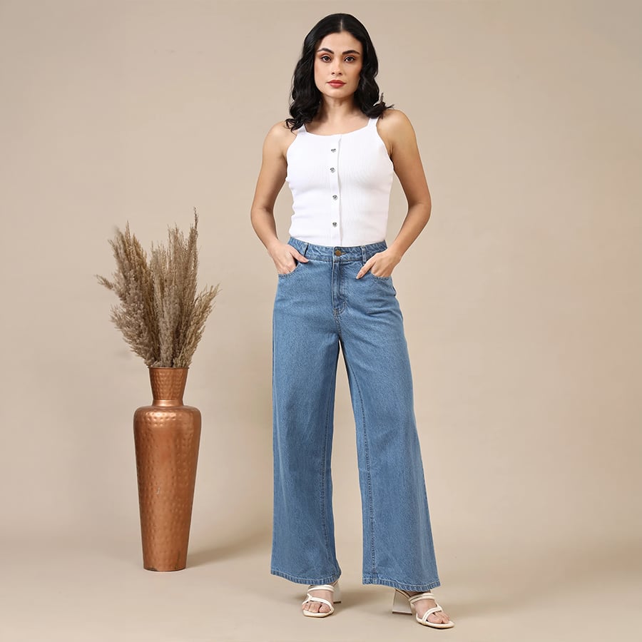 Elleven Women's Light Blue Solid Flared Cotton Denim Pants With High Waisted Design