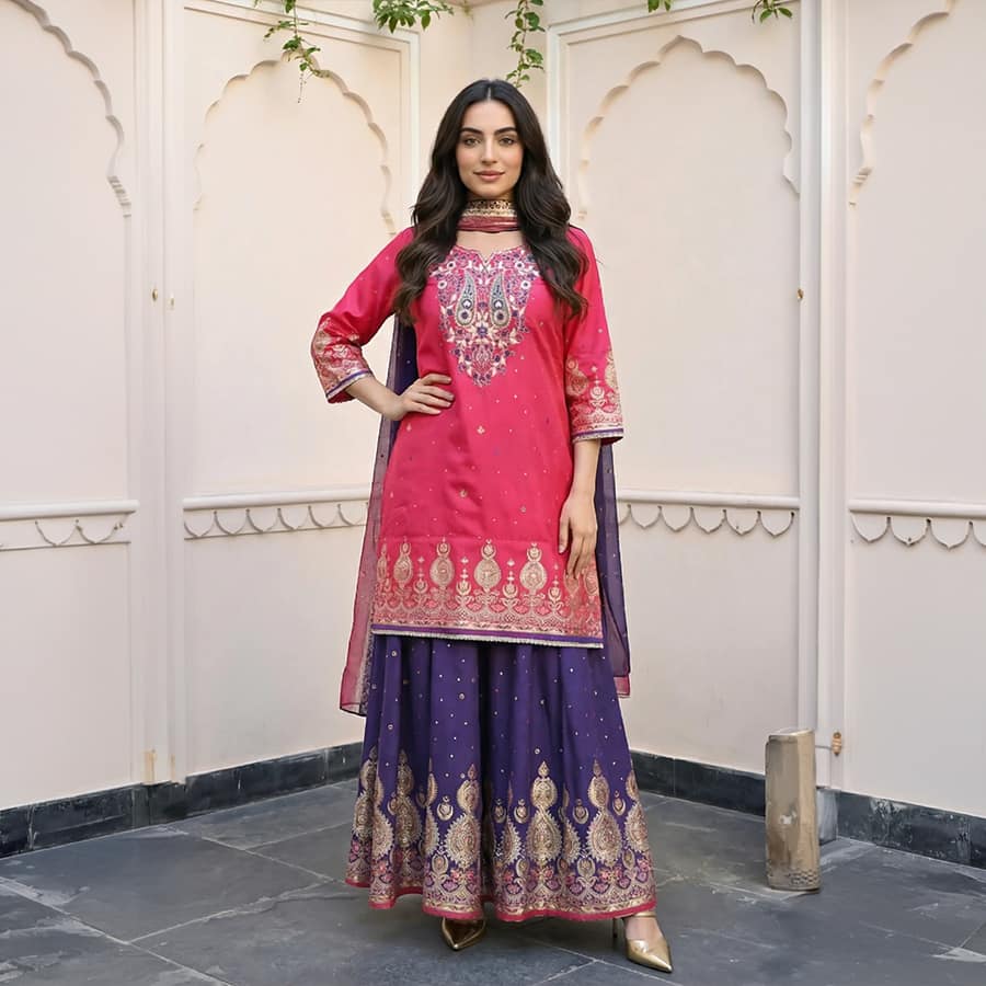Pink Embroidered Zari Work Straight Kurta with Palazzo and Dupatta Set