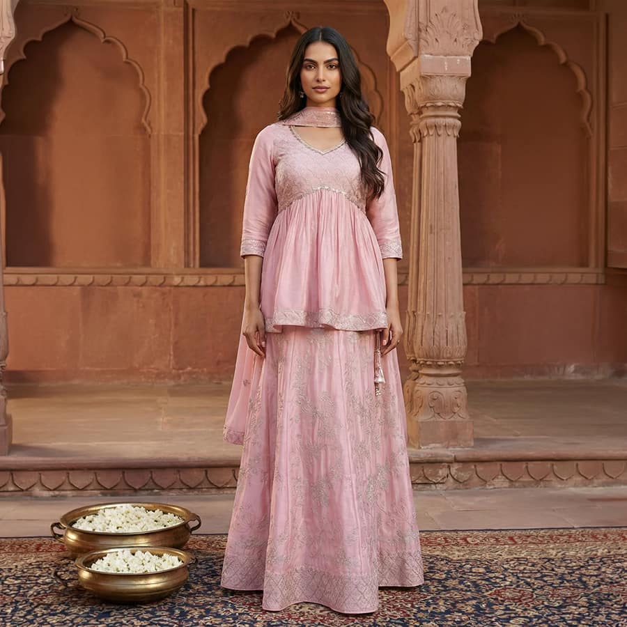 Pink Sequins Flared Top with Skirt and Dupatta Set
