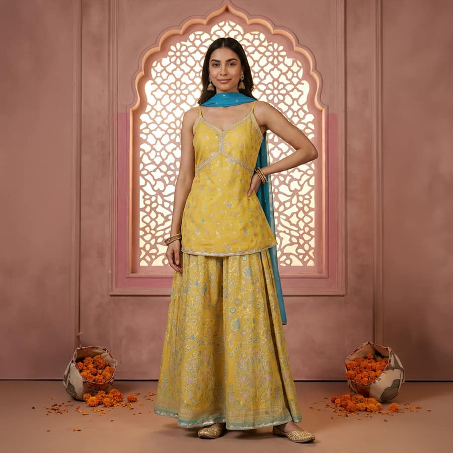 Yellow Floral Printed Sequins Spaghetti Strap Short Top and Lehenga Set with Dupatta