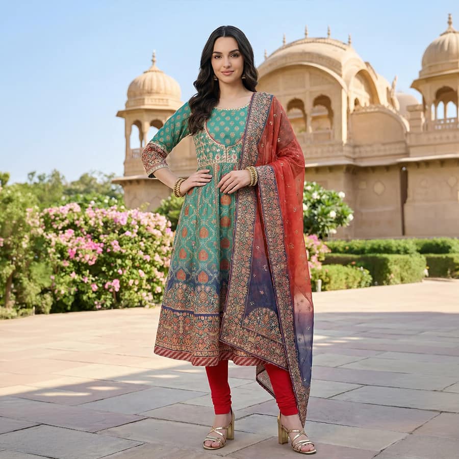 Green Sequins Floral Printed Shantung Anarkali Kurta with Leggings and Dupatta Set