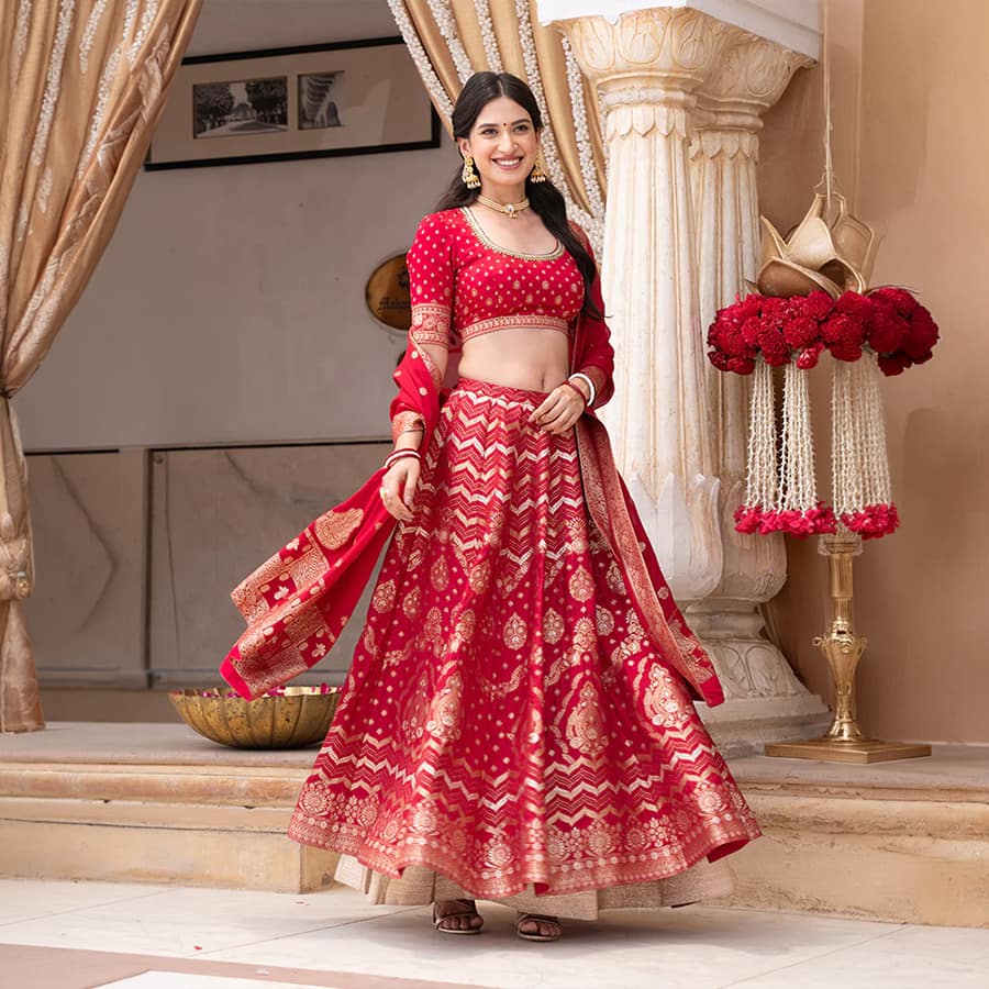 Hot Pink Zari Embellished Crop Top, Brocade Flared Skirt and Dupatta Set