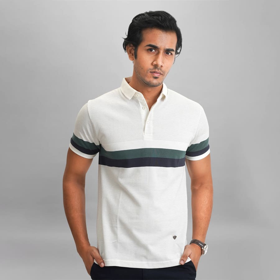 Cream Polo T-Shirt with Chest Stripe