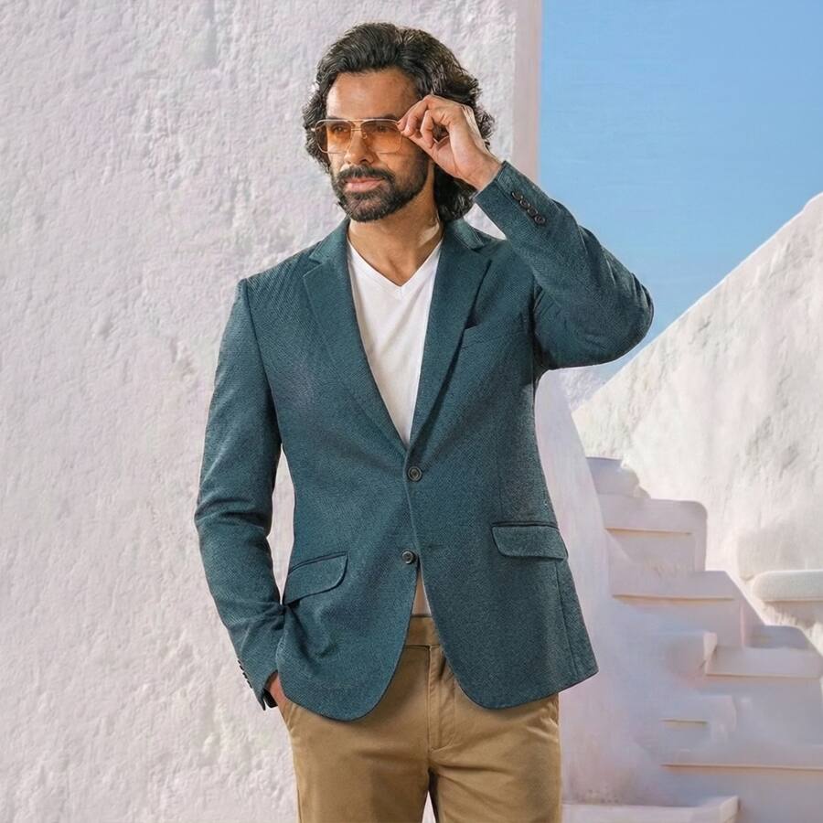 Teal Casual Knitted Blazer for Men
