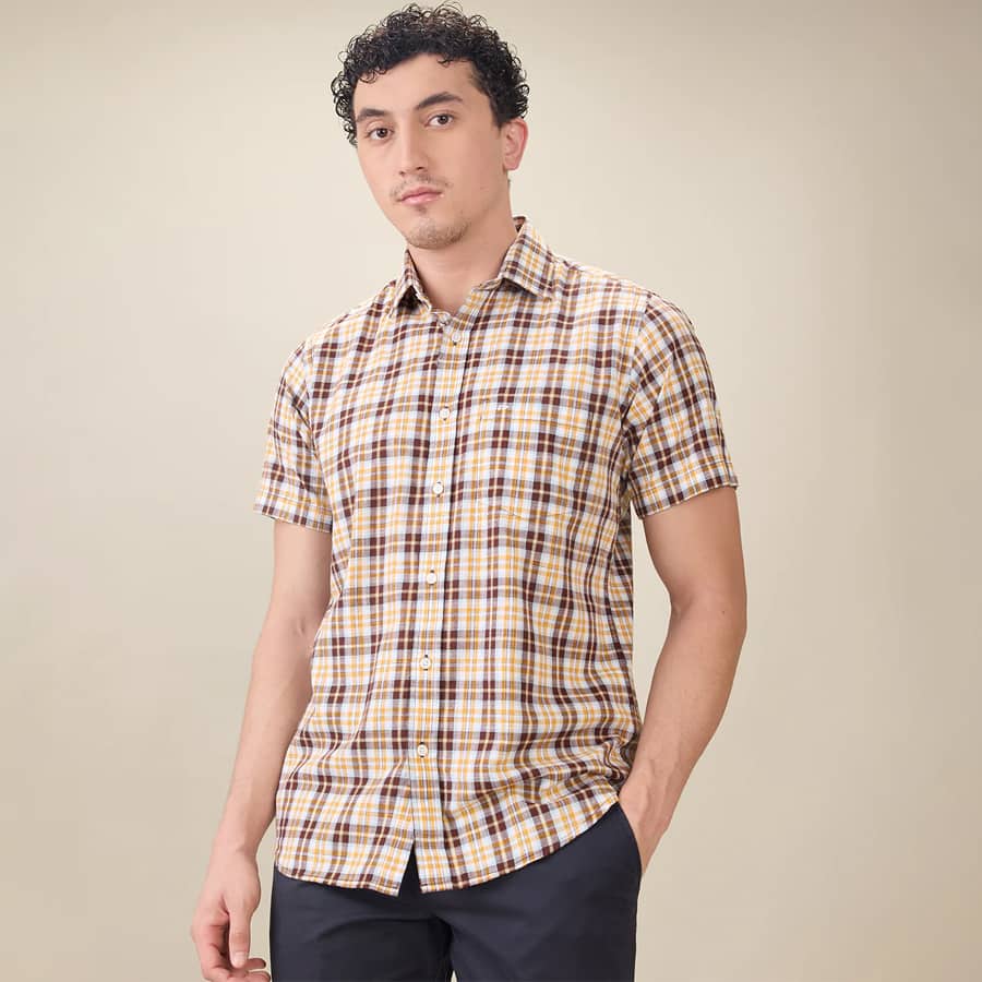 Colorplus Men Brown Regular Fit Checks Casual Shirt