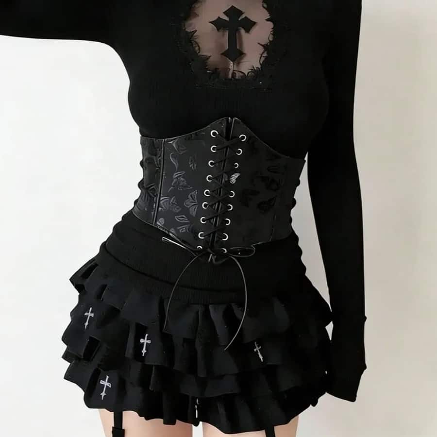 Black Butterfly Print Corset Belt