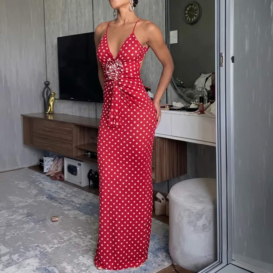 Red Ruched Polka Dot Maxi Dress