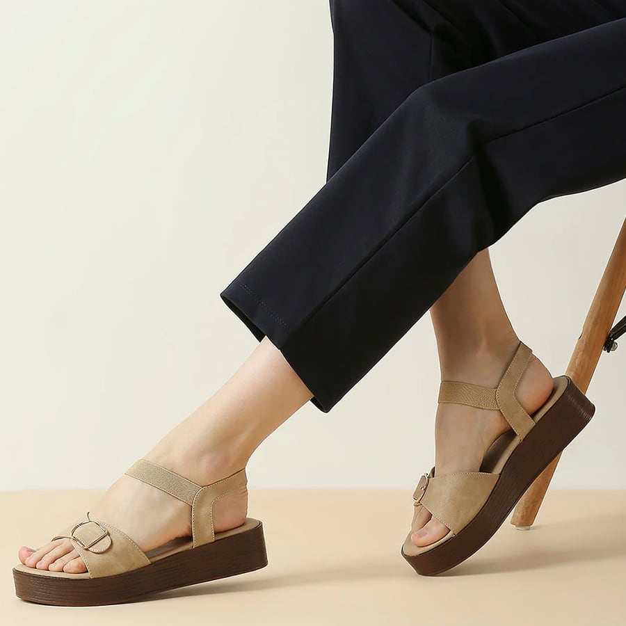 Women Beige Buckled Open Toe Wedge Heels With Backstrap